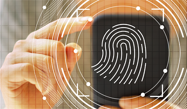 a hand pointing to a fingerprint graphic depicting biometric features on a smartphone